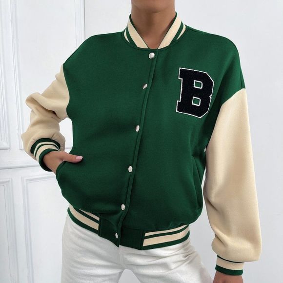 New Letter Patched Striped Trim Drop Shoulder Varsity Jacket Green 226 - Picture 3 of 7